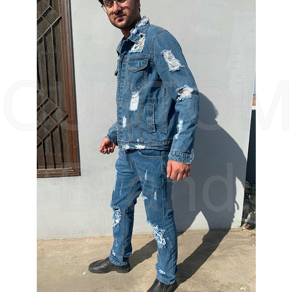 Fashion Men Denim Jacket Jeans Two Piece Set Autumn Slim Fit Matching Sets Casual Streetwear Winter Fleece Lining jacket