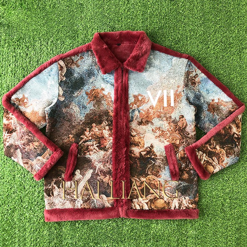 New Vintage Tapestry Heavy Coat Custom Puffy Red Faux Leather Jacket Men With Fur Men's zipper Woven Jacquard Jackets