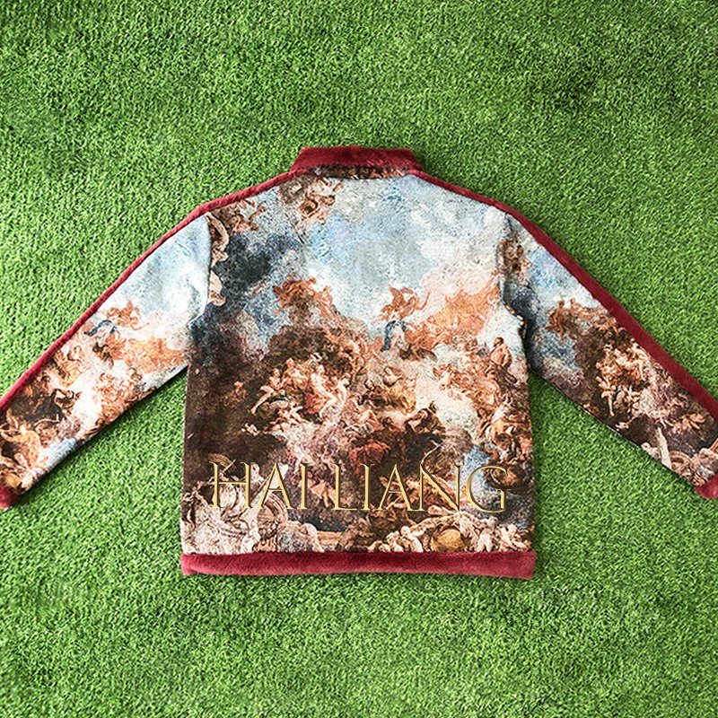 New Vintage Tapestry Heavy Coat Custom Puffy Red Faux Leather Jacket Men With Fur Men's zipper Woven Jacquard Jackets
