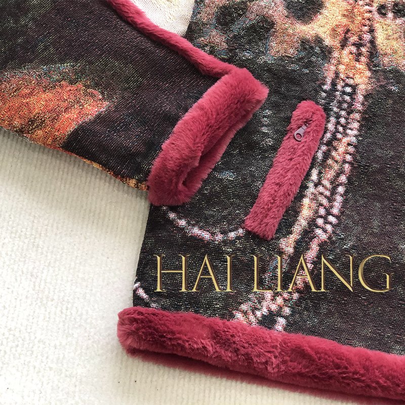 New Vintage Tapestry Heavy Coat Custom Puffy Red Faux Leather Jacket Men With Fur Men's zipper Woven Jacquard Jackets