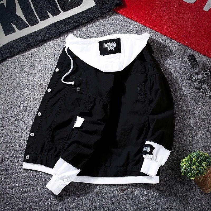 Custom Jacket Men's Self-cultivation Street Windbreaker Lapel Hoodie Autumn Wash Coat Hole Beggar Outfit Hip-hop Bomber Jacket