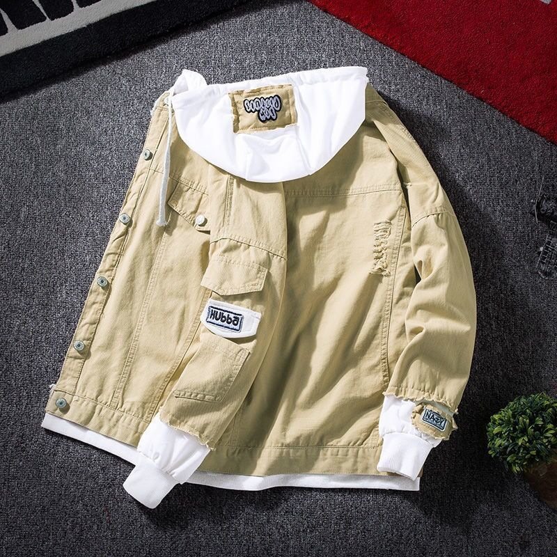 Custom Jacket Men's Self-cultivation Street Windbreaker Lapel Hoodie Autumn Wash Coat Hole Beggar Outfit Hip-hop Bomber Jacket