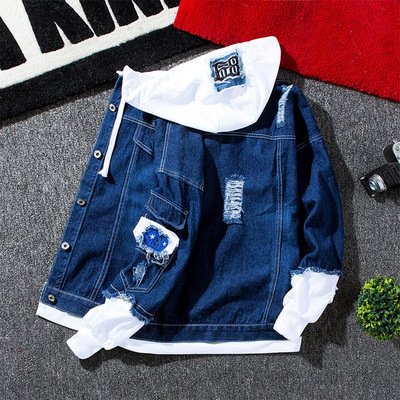 Custom Jacket Men's Self-cultivation Street Windbreaker Lapel Hoodie Autumn Wash Coat Hole Beggar Outfit Hip-hop Bomber Jacket