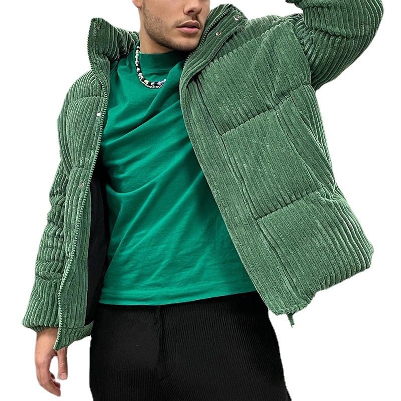 Corduroy Winter Warm Cotton Puffer Overcoat Stand Zipper Closure Casual Varsity Loose Plain Dyed Men's Jacket