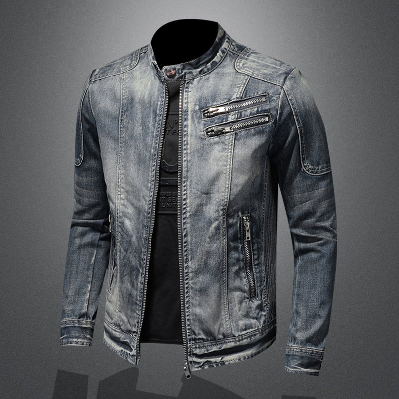 High Quality Fashion Trend Handsome Personality Zipper Motorcycle Denim Jacket Jacket Men's Lapel Trend Vintage Denim Jacket