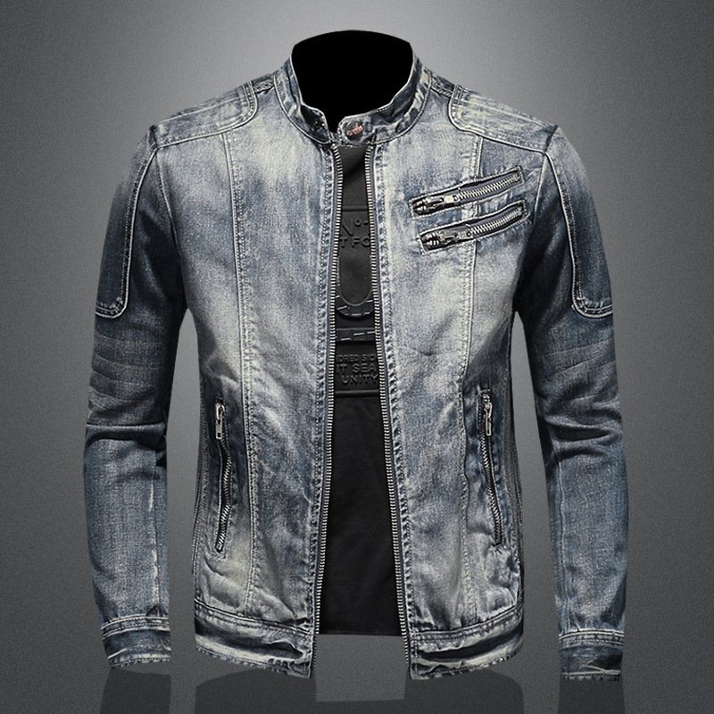 High Quality Fashion Trend Handsome Personality Zipper Motorcycle Denim Jacket Jacket Men's Lapel Trend Vintage Denim Jacket