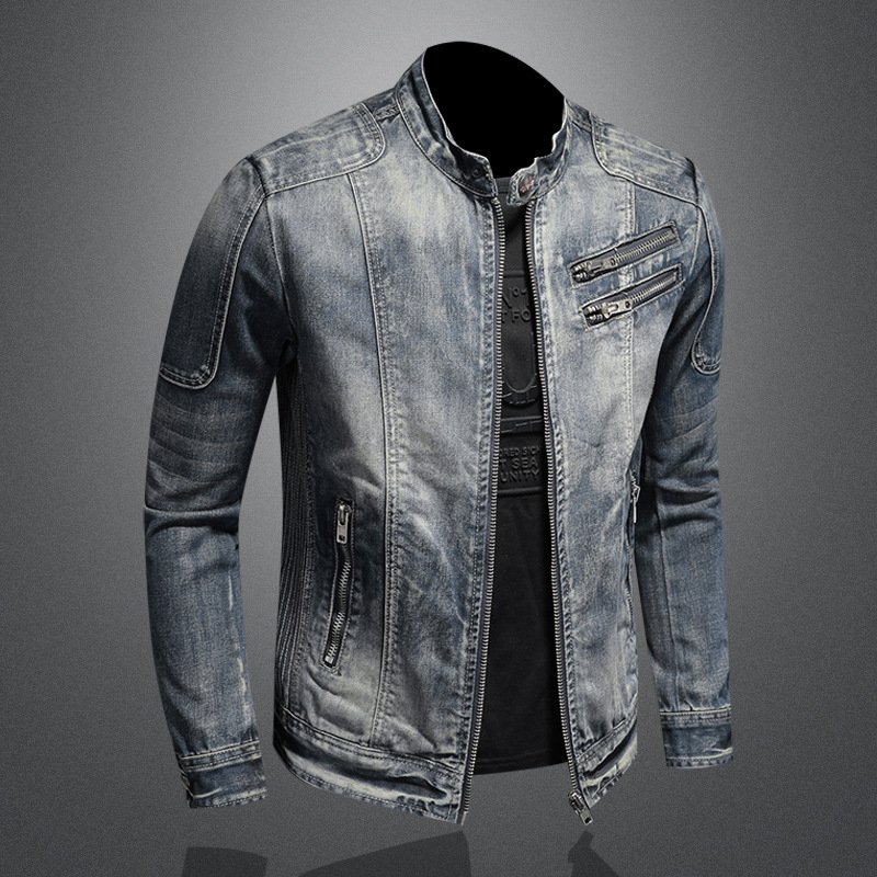 High Quality Fashion Trend Handsome Personality Zipper Motorcycle Denim Jacket Jacket Men's Lapel Trend Vintage Denim Jacket