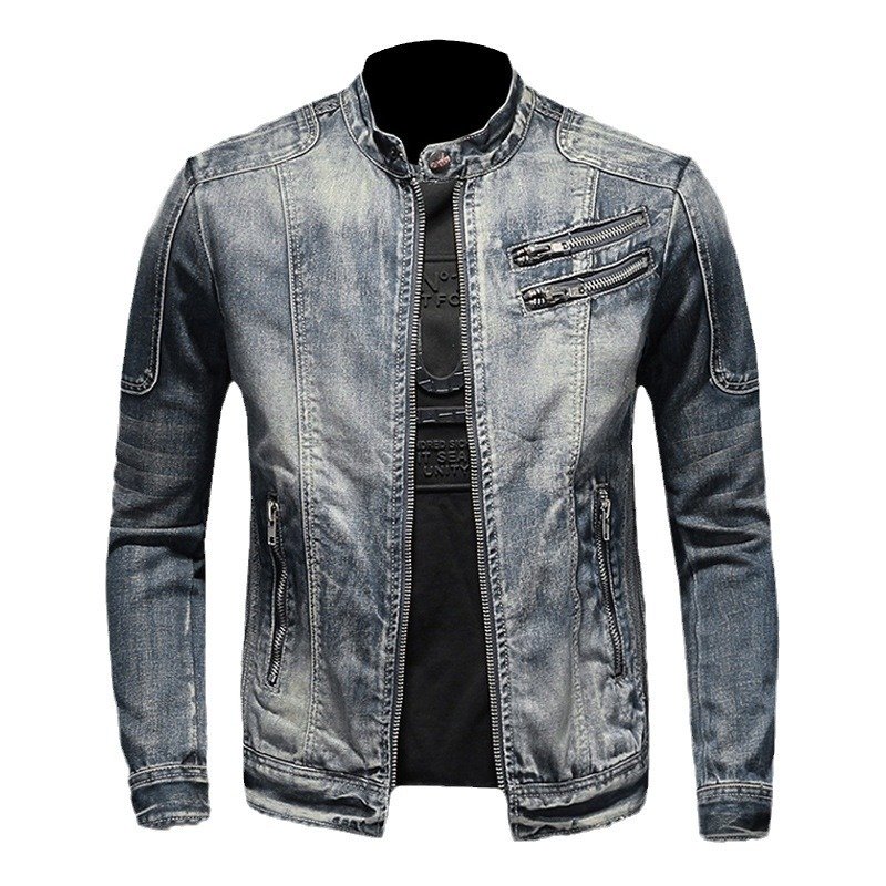 High Quality Fashion Trend Handsome Personality Zipper Motorcycle Denim Jacket Jacket Men's Lapel Trend Vintage Denim Jacket