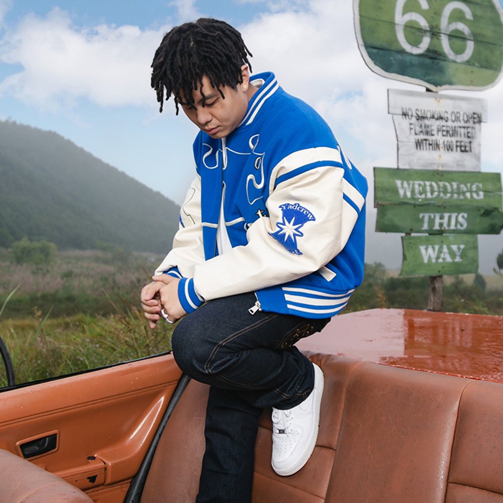 Custom leather outfits stand collar jacket color block bomber jacket fashion men's zip up vintage varsity jacket for men