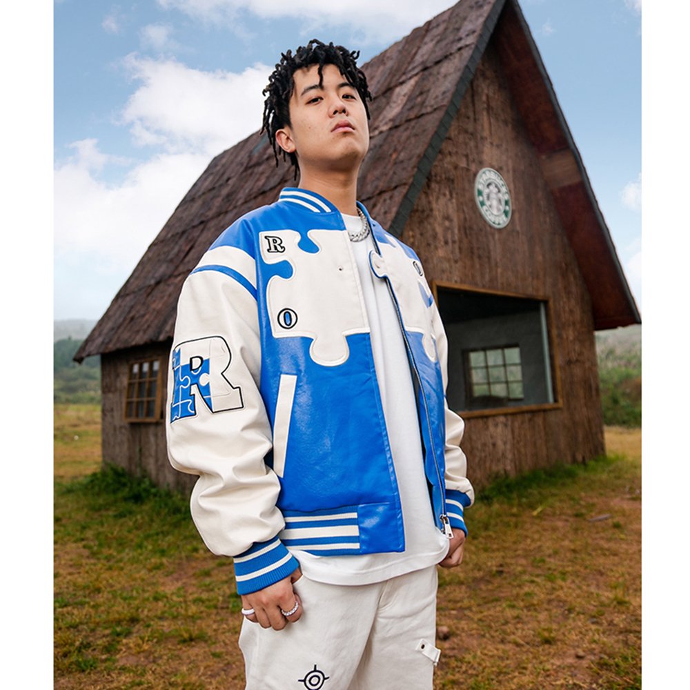 Custom leather outfits stand collar jacket color block bomber jacket fashion men's zip up vintage varsity jacket for men