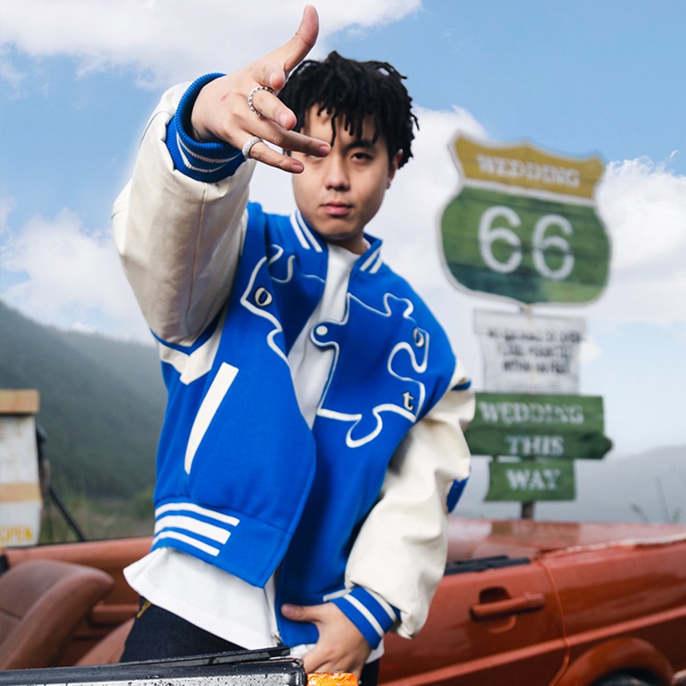 Custom leather outfits stand collar jacket color block bomber jacket fashion men's zip up vintage varsity jacket for men