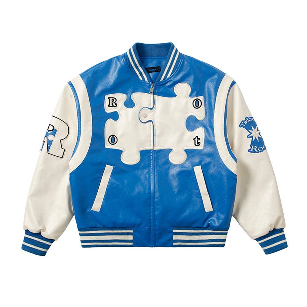 Custom leather outfits stand collar jacket color block bomber jacket fashion men's zip up vintage varsity jacket for men