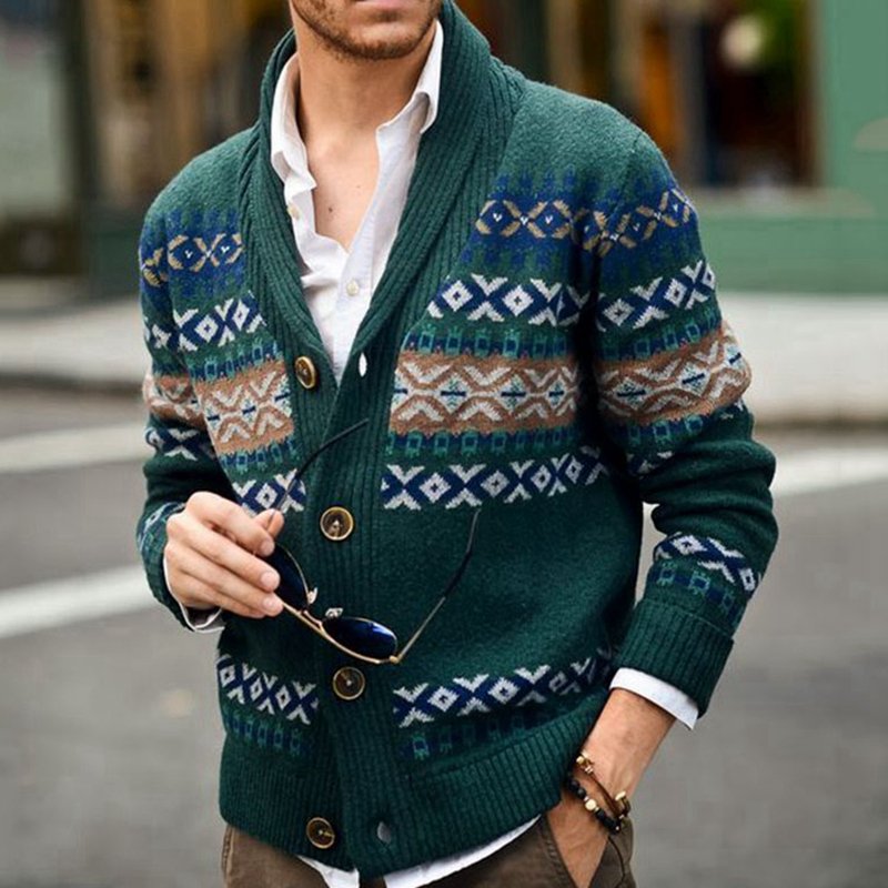 Men's knitted sweater American street fashion geometric jacquard long sleeved Cardigan jacket single breasted outdoor sweater