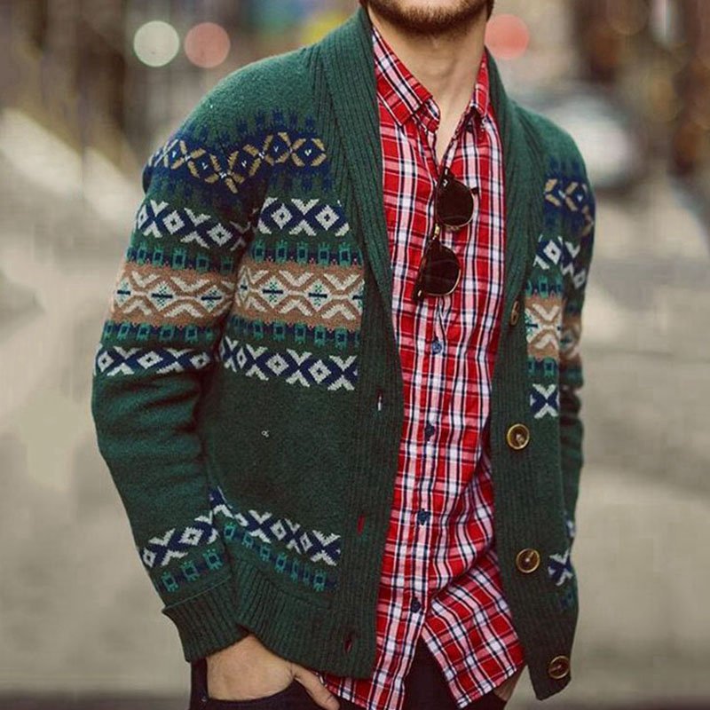 Men's knitted sweater American street fashion geometric jacquard long sleeved Cardigan jacket single breasted outdoor sweater