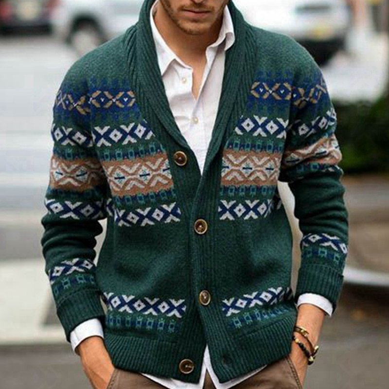 Men's knitted sweater American street fashion geometric jacquard long sleeved Cardigan jacket single breasted outdoor sweater