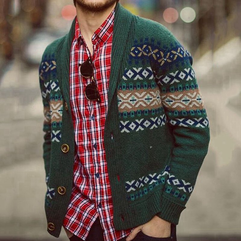 Men's knitted sweater American street fashion geometric jacquard long sleeved Cardigan jacket single breasted outdoor sweater