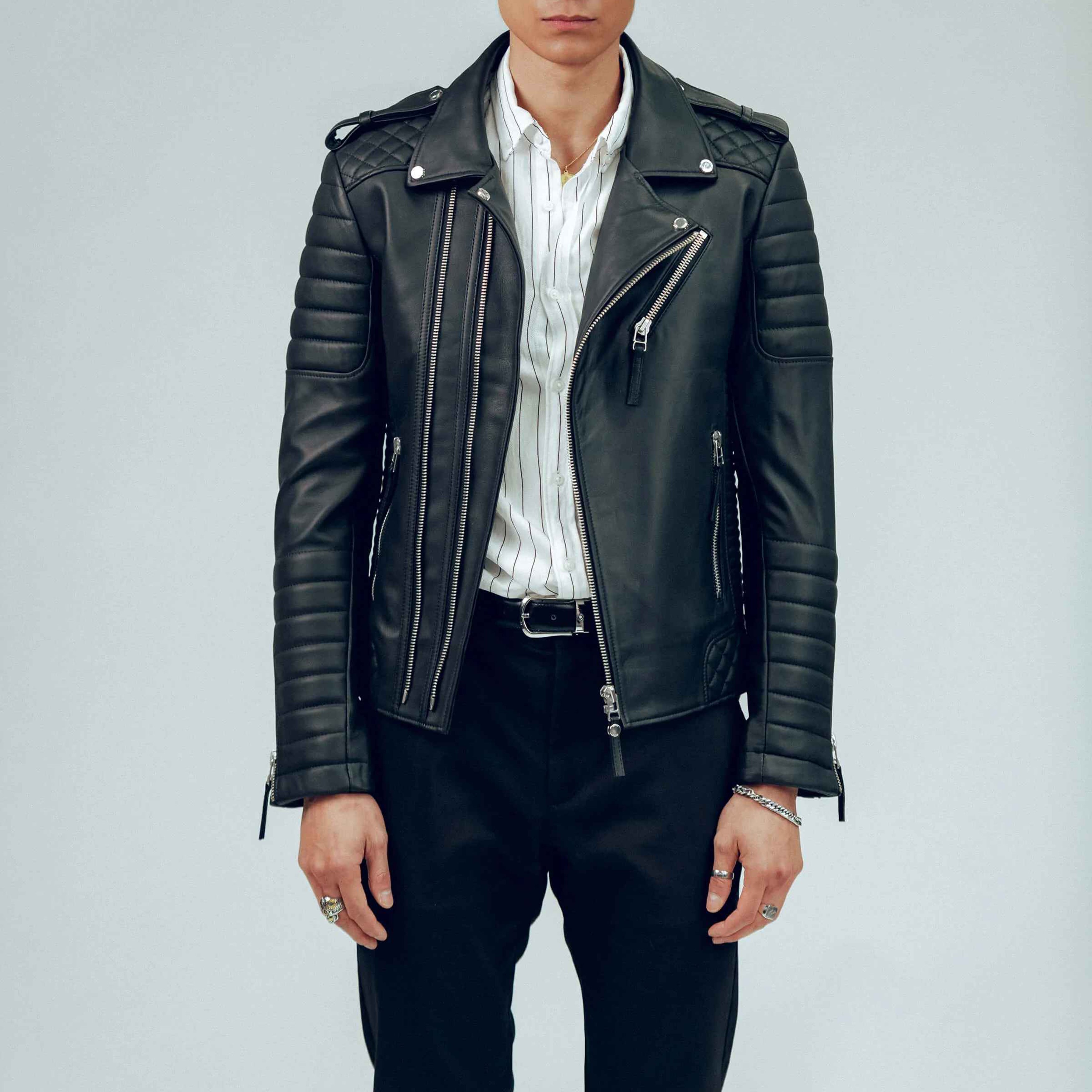 2023 Best quality men's Custom Black Leather Jacket New Fashion men Casual leather Biker Jacket Men Casual Stand Collar Zip Up