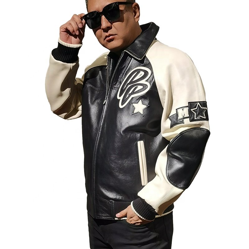 Custom European Us Plus Size French Lamb Skin 100% Authentic Genuine Leather Varsity Jacket Men's Club Casual Fashion Coat