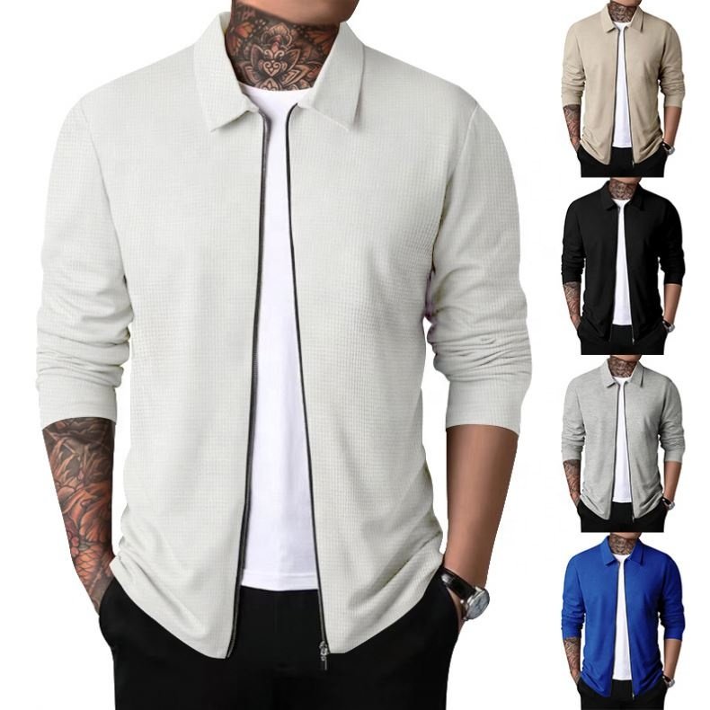 Ruizi Fashion Cardigan Men's Autumn Zipper Casual Long Sleeved Turn Down Collar Waffle Jacket Coat