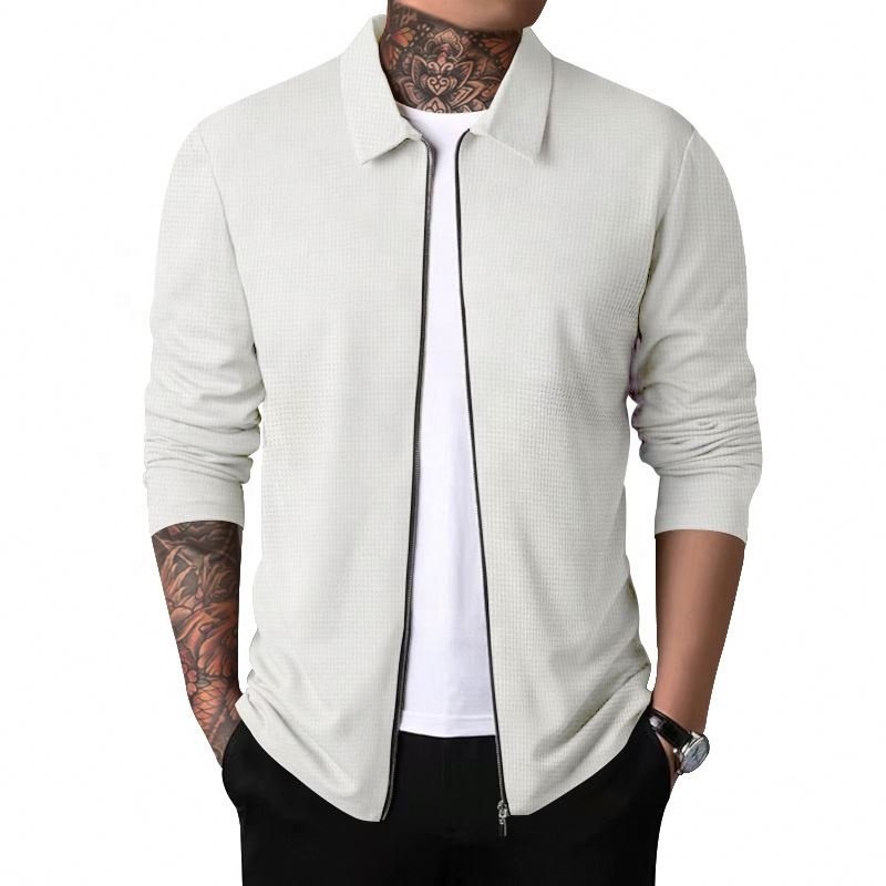 Ruizi Fashion Cardigan Men's Autumn Zipper Casual Long Sleeved Turn Down Collar Waffle Jacket Coat