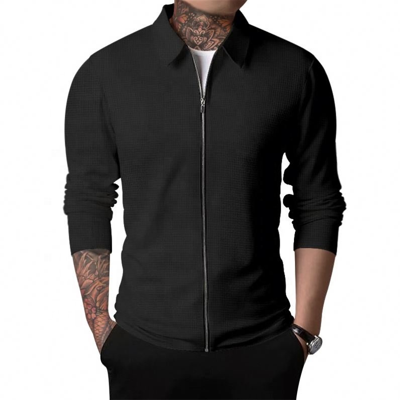 Ruizi Fashion Cardigan Men's Autumn Zipper Casual Long Sleeved Turn Down Collar Waffle Jacket Coat