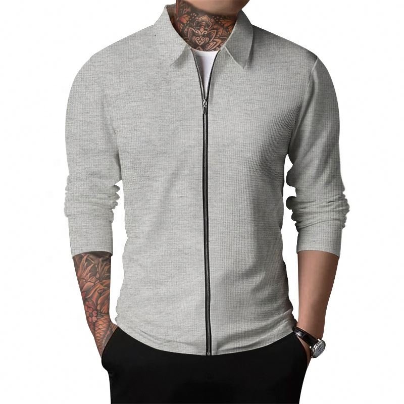 Ruizi Fashion Cardigan Men's Autumn Zipper Casual Long Sleeved Turn Down Collar Waffle Jacket Coat