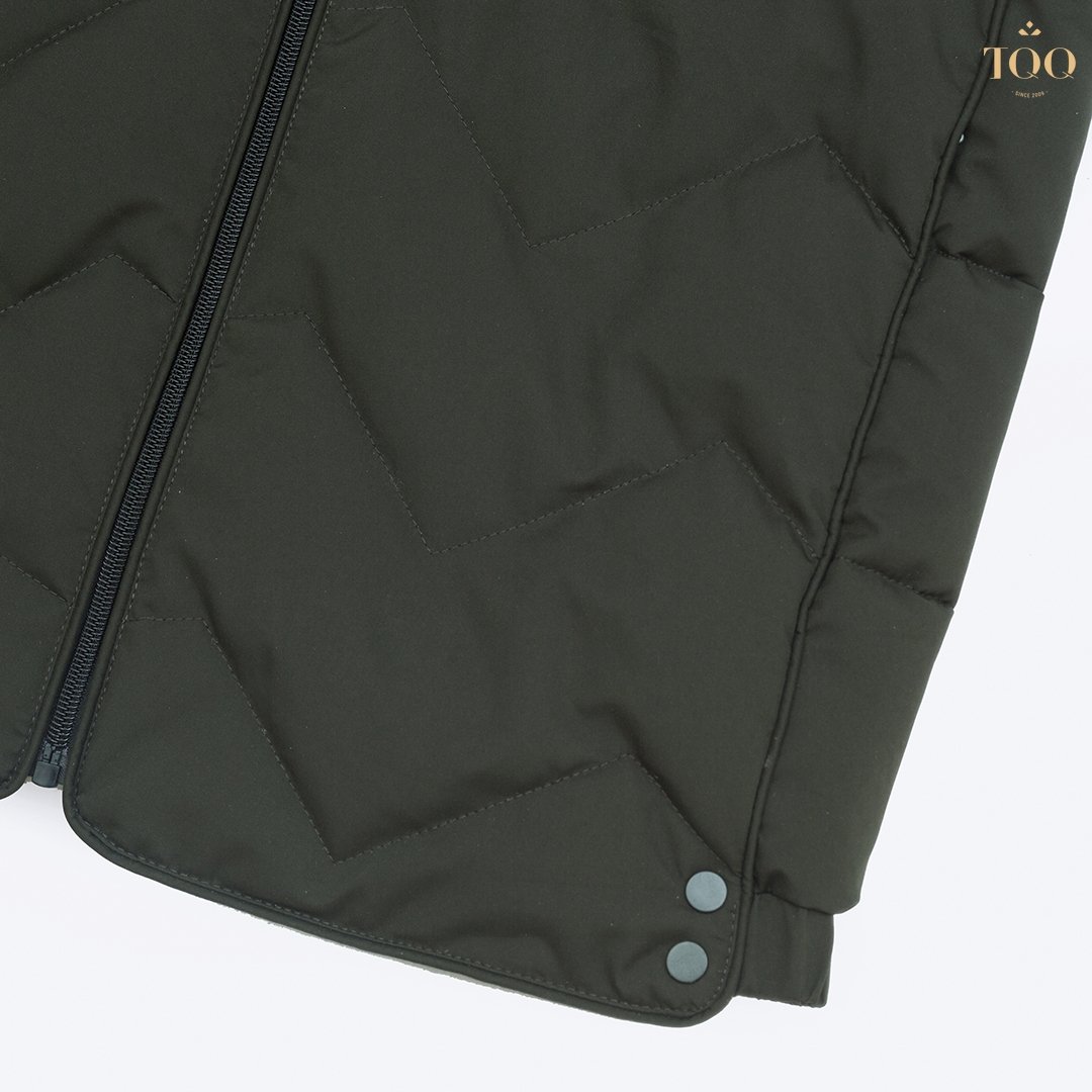 COLLARLESS Regular puffer jacket men Stretch Puffer Jacket with Detachable Hood in Dark Green Winter Length 100% Polyester