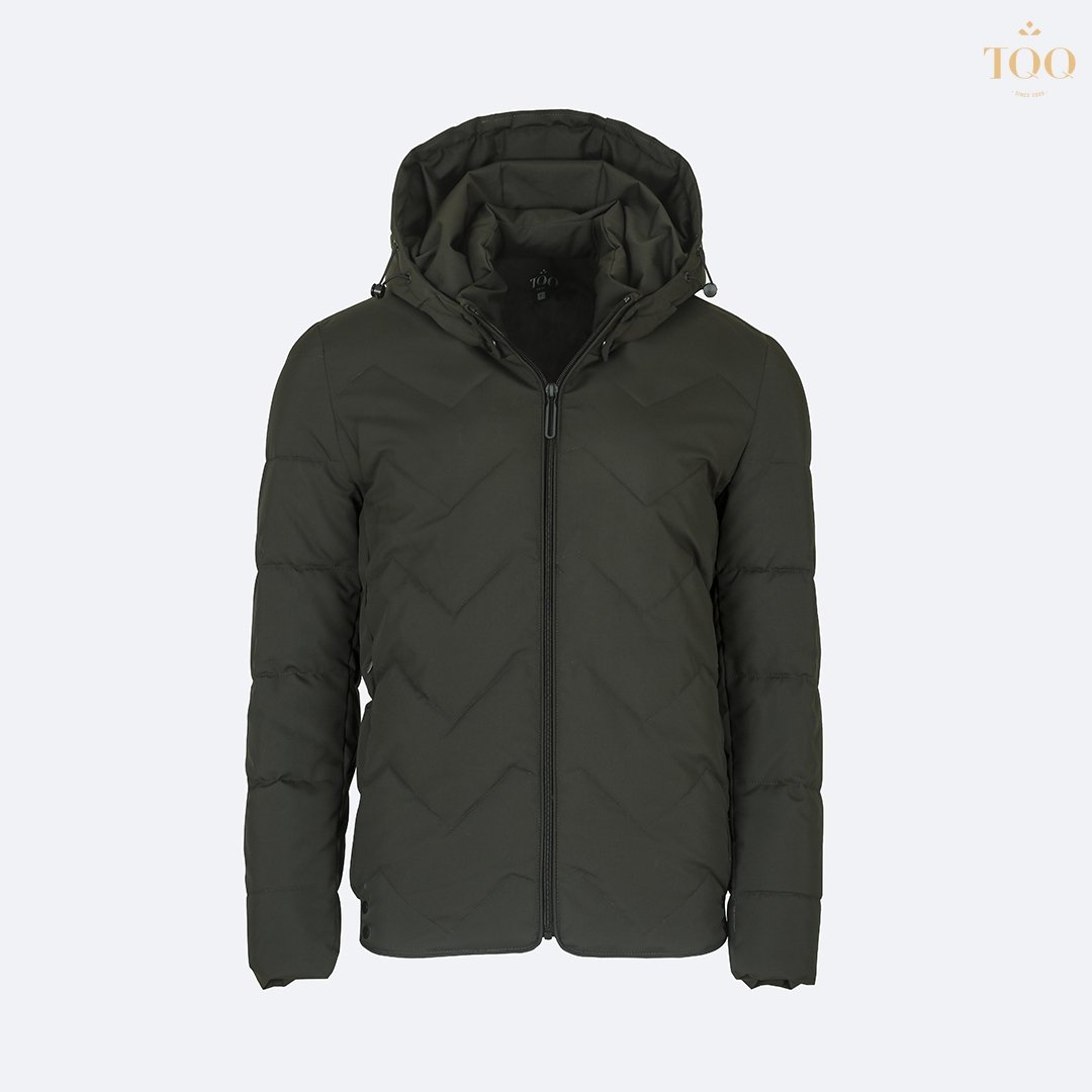COLLARLESS Regular puffer jacket men Stretch Puffer Jacket with Detachable Hood in Dark Green Winter Length 100% Polyester