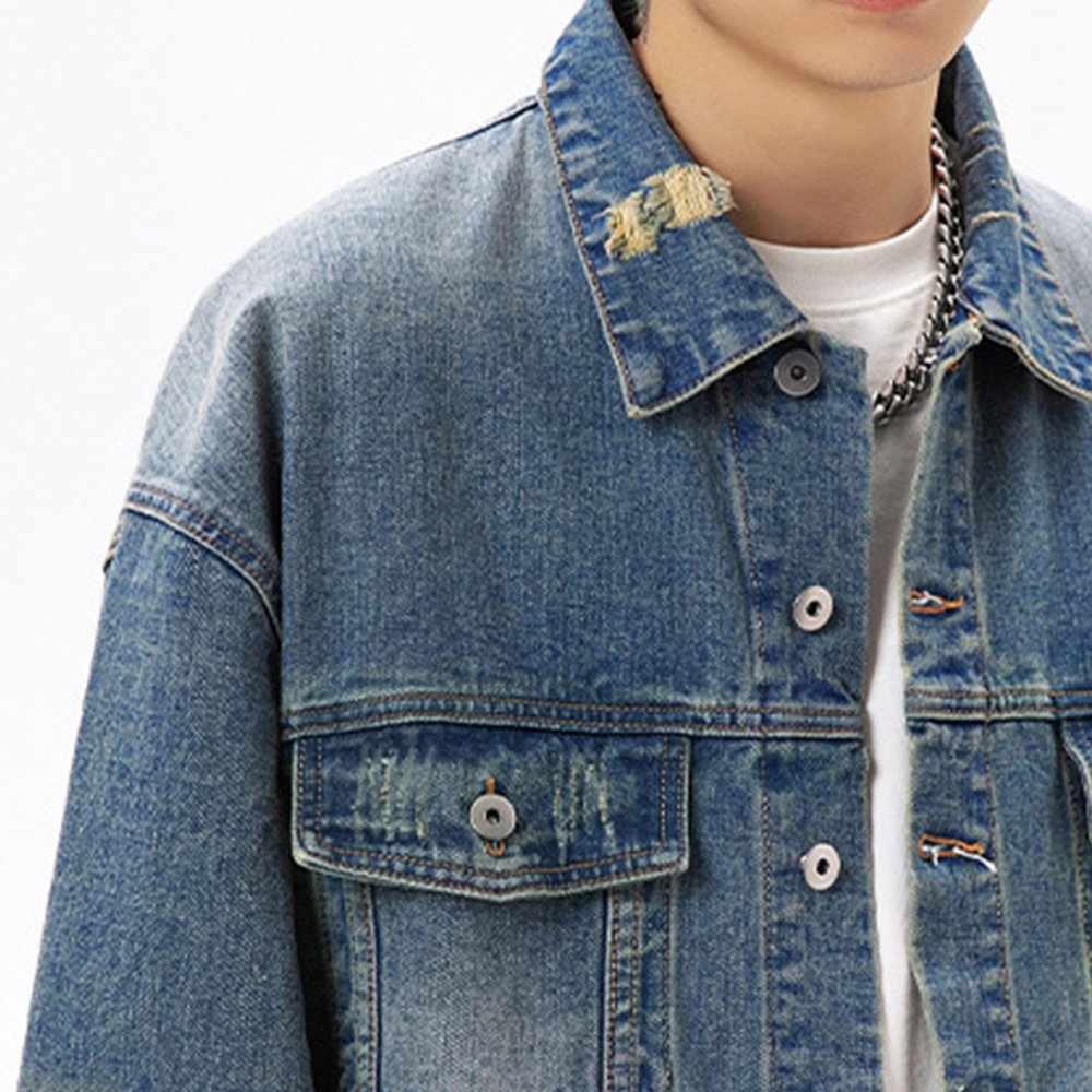 Hot Sale Autumn And Spring Plus Size Men's Denim Jacket Turn Down Collar Pocket Loose Jacket Distressed Vintage washed jacket