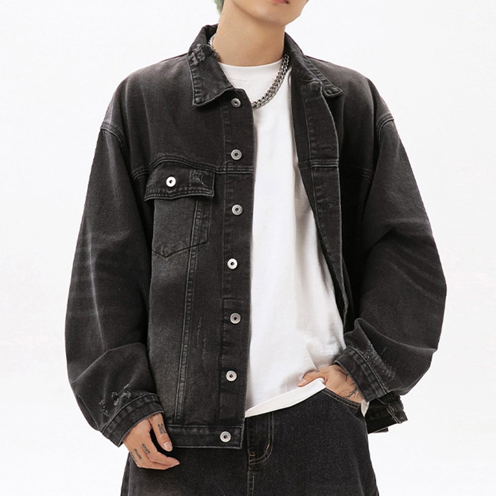 Hot Sale Autumn And Spring Plus Size Men's Denim Jacket Turn Down Collar Pocket Loose Jacket Distressed Vintage washed jacket