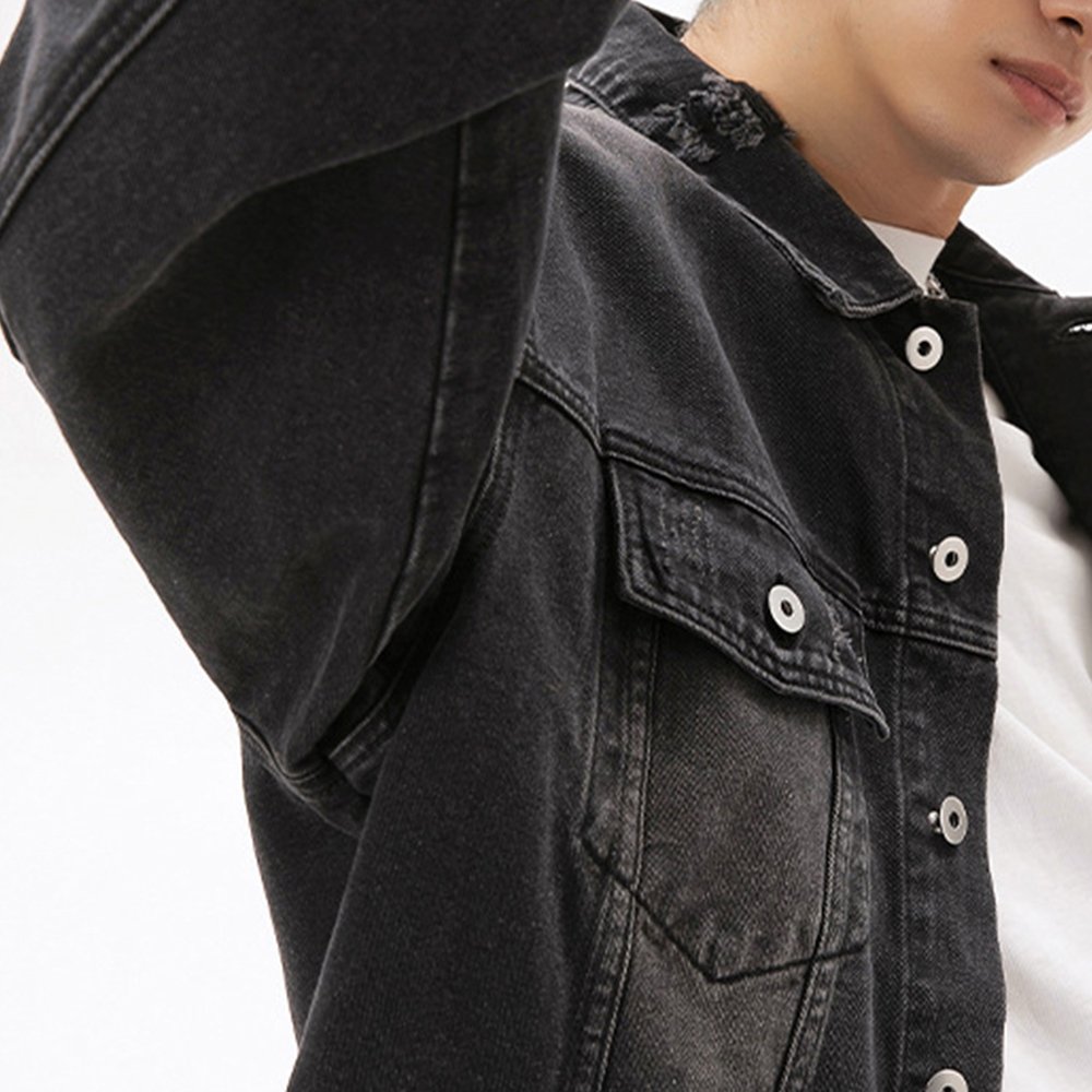 Hot Sale Autumn And Spring Plus Size Men's Denim Jacket Turn Down Collar Pocket Loose Jacket Distressed Vintage washed jacket
