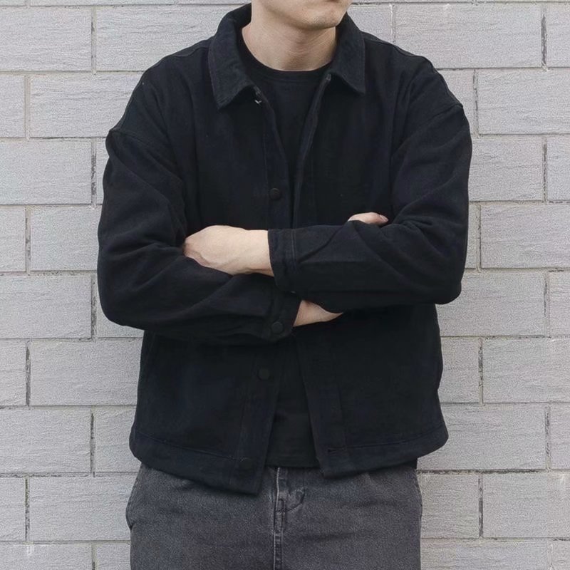 Wholesale custom high quality autumn thin men's denim jacket black simple loose tooling men's jacket