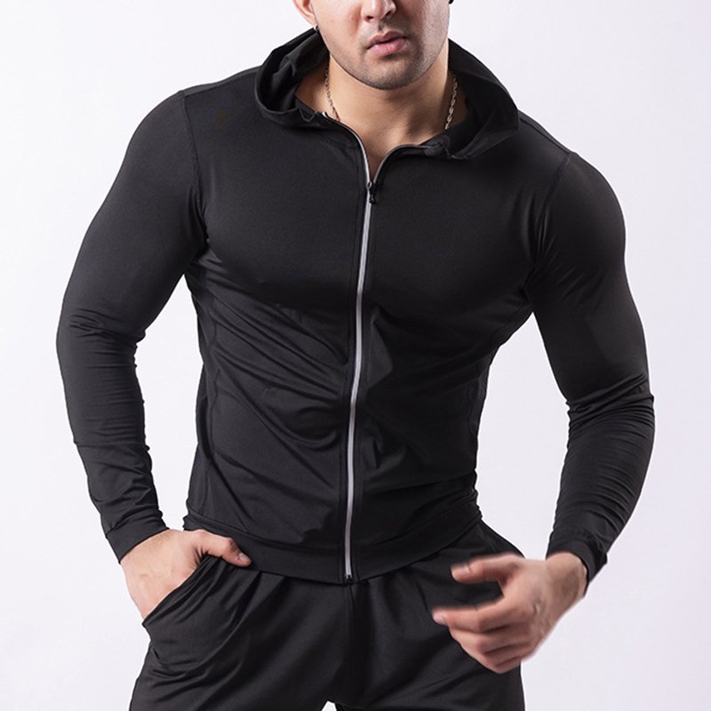 Custom black hooded sport coat men's fleece warm high elastic quick-drying basketball training running fitness wear