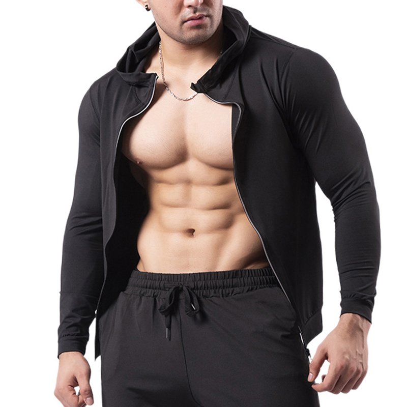 Custom black hooded sport coat men's fleece warm high elastic quick-drying basketball training running fitness wear