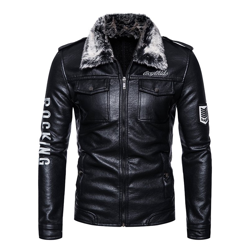 Custom Wool Collar Windbreaker Add Plush Thickened Lapel Leather Jacket Men Winter Handsome Warm Cotton-Padded Men's Jackets