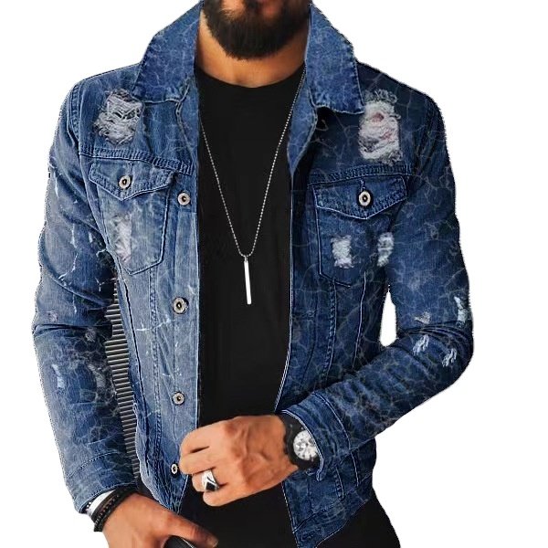 2022 fall winter ripped men's jacket plus size fashion riding jacket button down slim fit coat with pockets mens jacket jeans