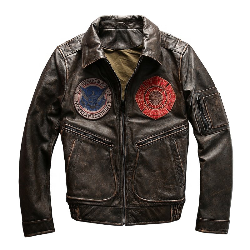 Custom High Quality Lapel Casual Vintage Stone Men's Real Leather Jacket retro vintage Brown Cowhide Clothing
