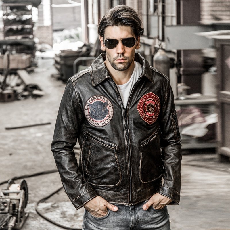 Custom High Quality Lapel Casual Vintage Stone Men's Real Leather Jacket retro vintage Brown Cowhide Clothing