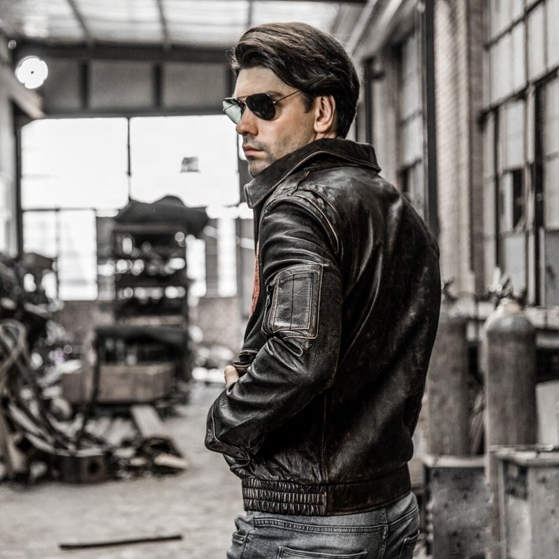Custom High Quality Lapel Casual Vintage Stone Men's Real Leather Jacket retro vintage Brown Cowhide Clothing