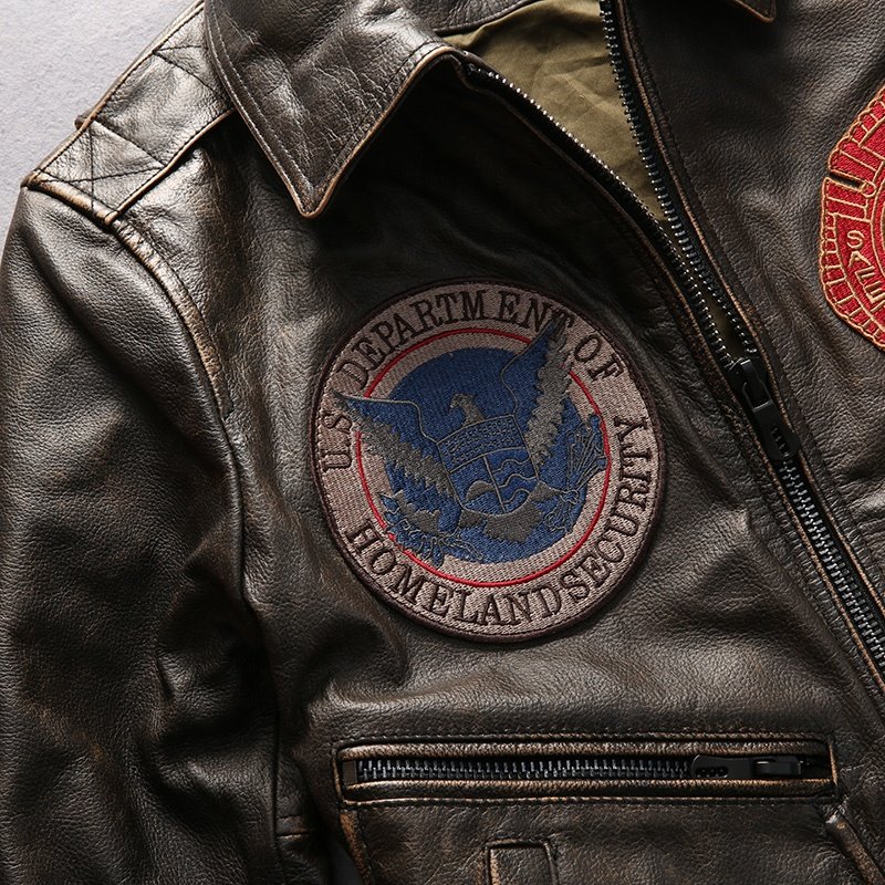 Custom High Quality Lapel Casual Vintage Stone Men's Real Leather Jacket retro vintage Brown Cowhide Clothing