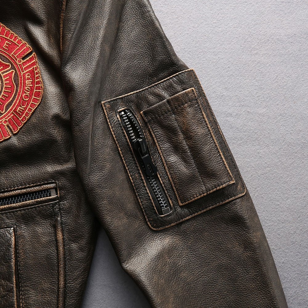 Custom High Quality Lapel Casual Vintage Stone Men's Real Leather Jacket retro vintage Brown Cowhide Clothing