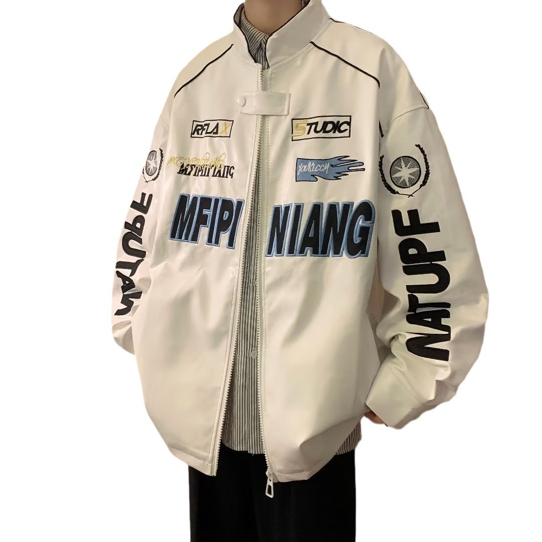 Custom design blue color retro classic leather motorcycle jacket oem logo patch leather nascar racing jacket for men