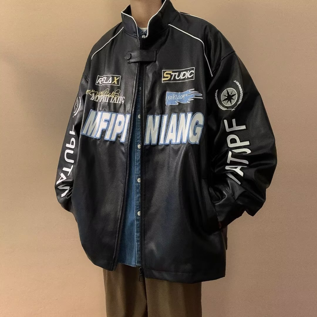 Custom design blue color retro classic leather motorcycle jacket oem logo patch leather nascar racing jacket for men
