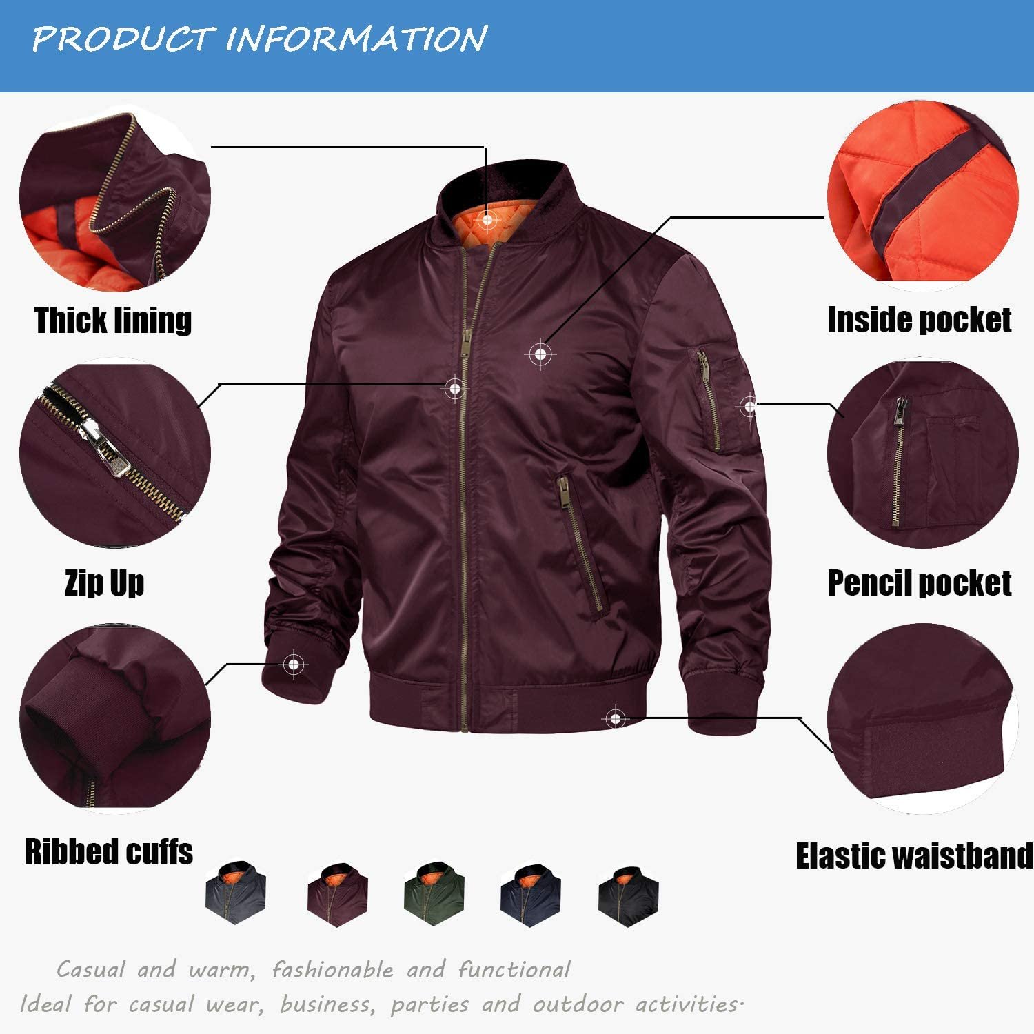Men's Jacket Windproof Bomber Jacket Full Zip Winter Warm Padded Coats lightweight Outwear latest design