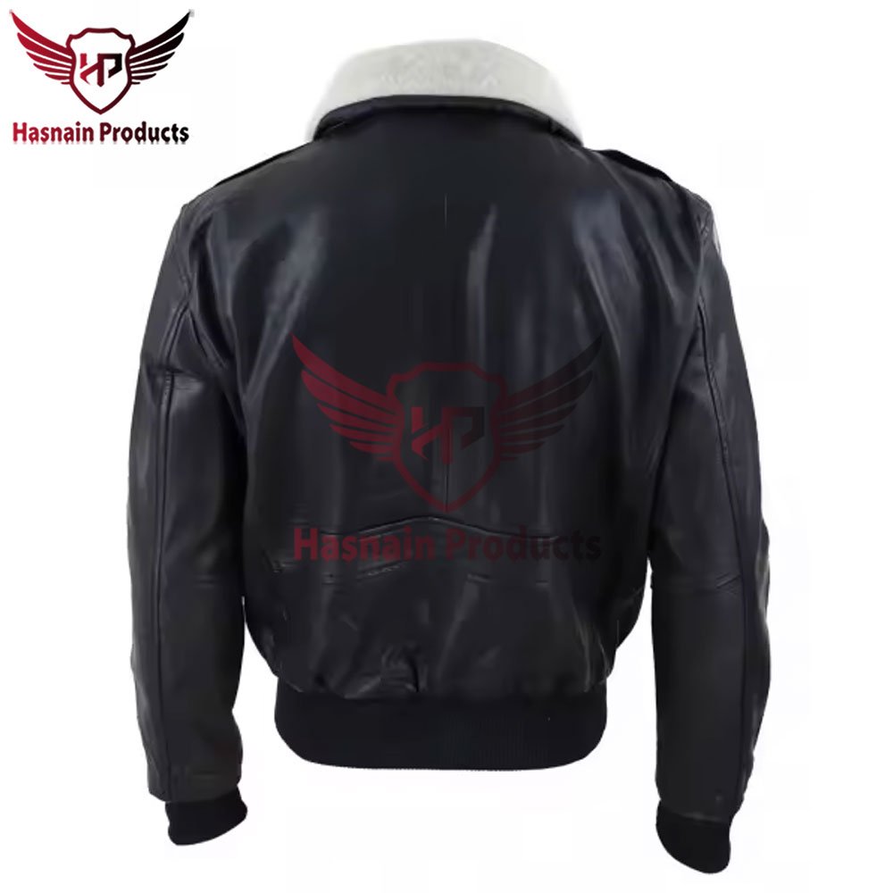 Premium Wholesale Men's Black Leather Custom Bomber Jacket with Detachable Collar - High-Quality Hasnain Products