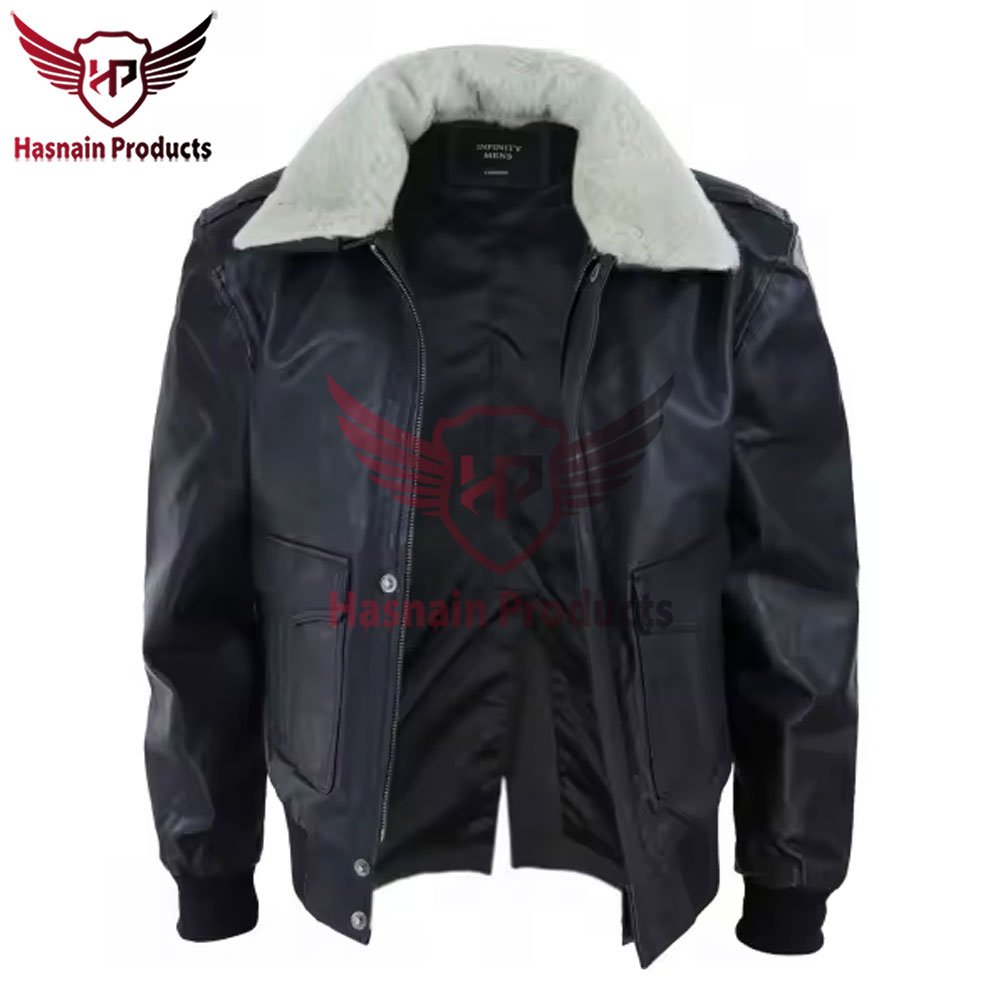 Premium Wholesale Men's Black Leather Custom Bomber Jacket with Detachable Collar - High-Quality Hasnain Products