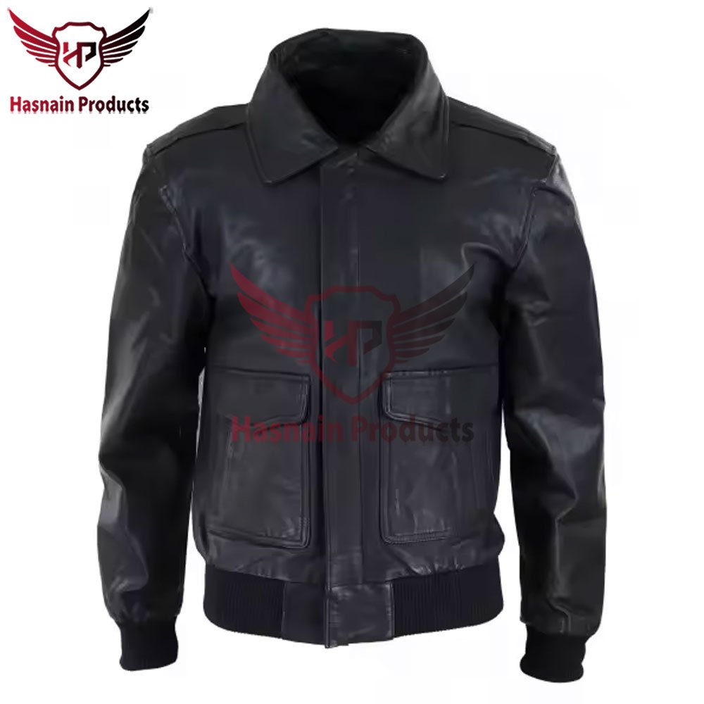Premium Wholesale Men's Black Leather Custom Bomber Jacket with Detachable Collar - High-Quality Hasnain Products