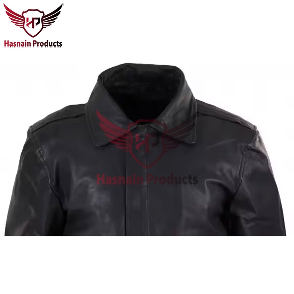 Premium Wholesale Men's Black Leather Custom Bomber Jacket with Detachable Collar - High-Quality Hasnain Products