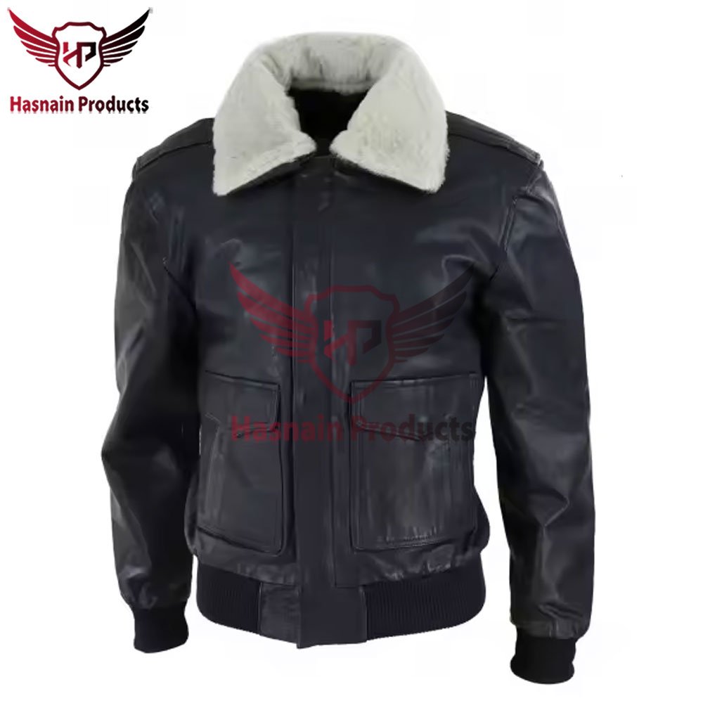 Premium Wholesale Men's Black Leather Custom Bomber Jacket with Detachable Collar - High-Quality Hasnain Products