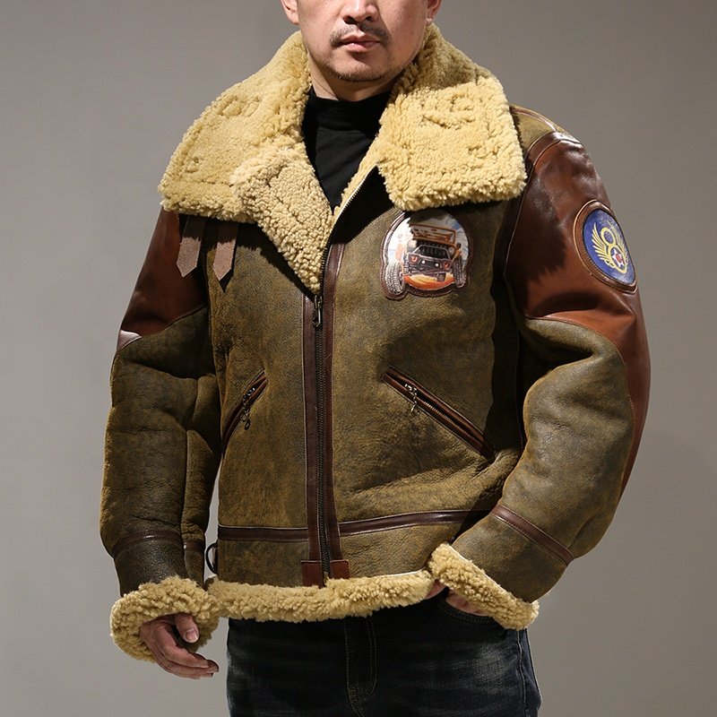 Wholesale High Quality Aviator Bomber Men's Fur Coat Winter Mens Brown Splicing Shearling Plus Size Genuine Leather Jackets